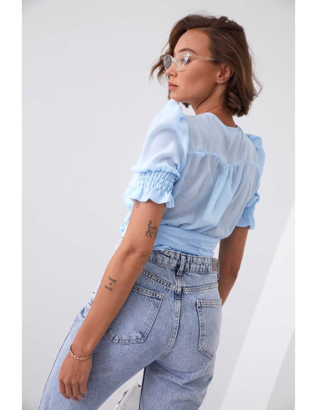 Short blouse with a belt, blue 20580 - Online store - Boutique